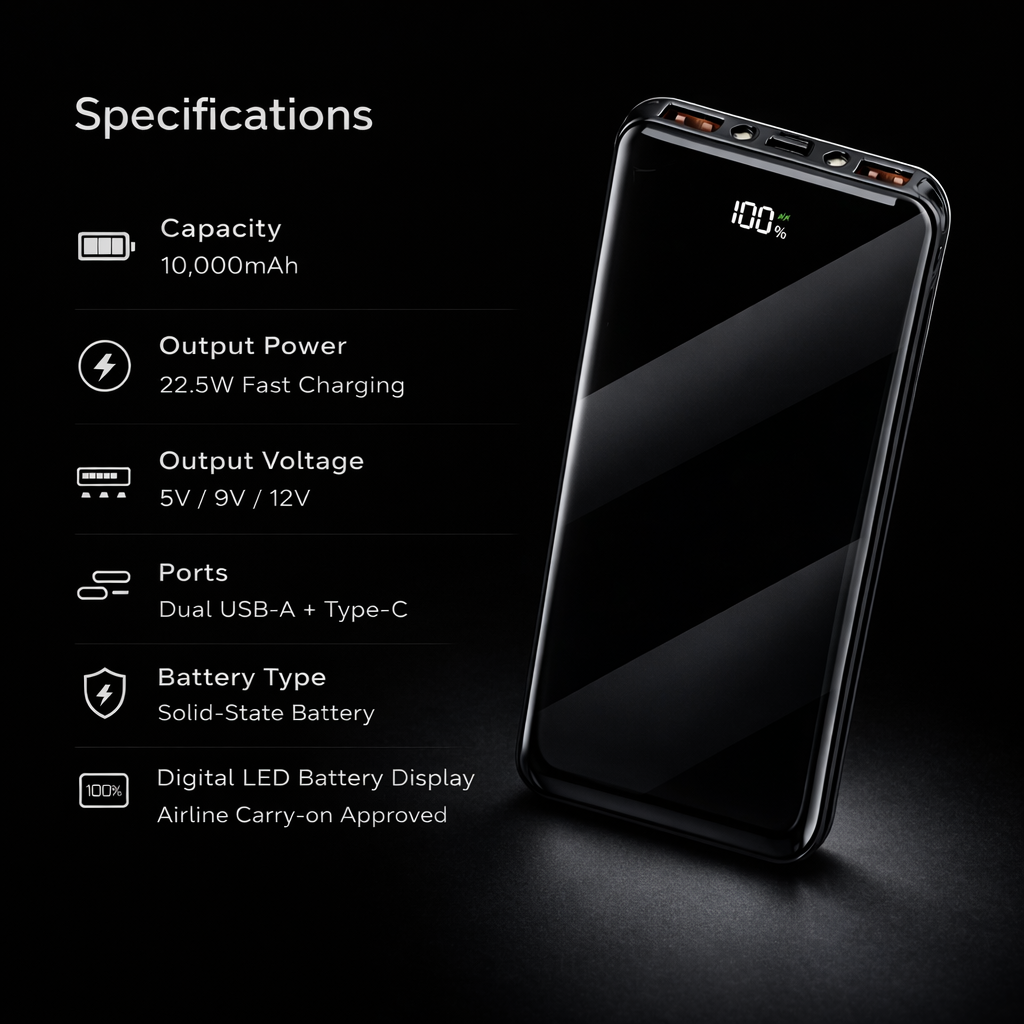 10,000mAh Fast Charging Power Bank (22.5W) – PD USB-C, Dual USB, Airline-Safe, LED Display
