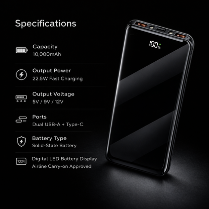 10,000mAh Fast Charging Power Bank (22.5W) – PD USB-C, Dual USB, Airline-Safe, LED Display